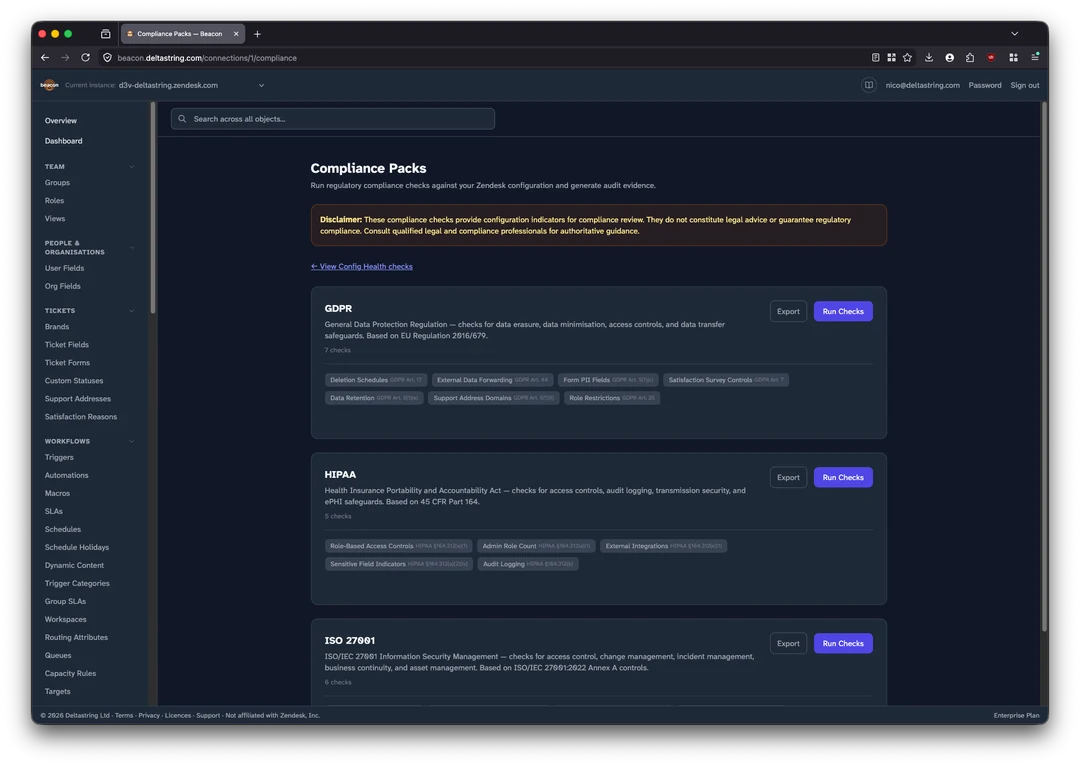 Beacon Compliance Packs screen with GDPR, HIPAA and ISO 27001 report generators, each with Run Checks and Export buttons.