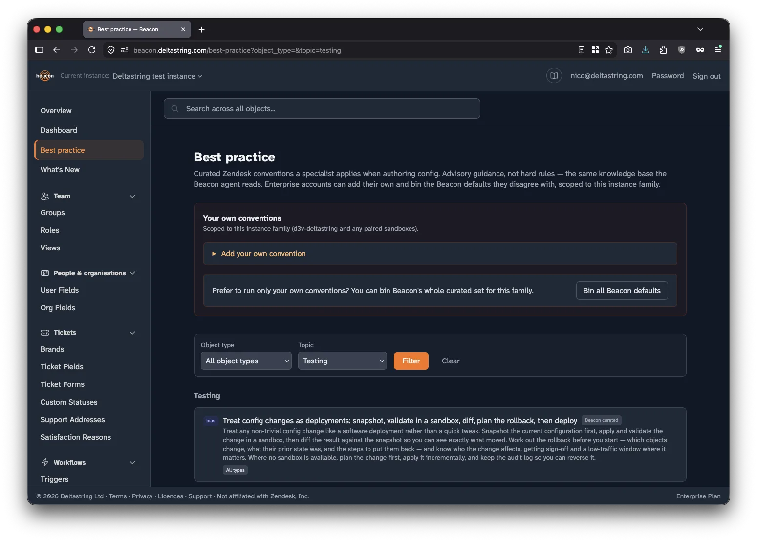 Beacon's Best practice page: your own conventions listed alongside Beacon's curated Zendesk best practice, each with edit and remove controls.
