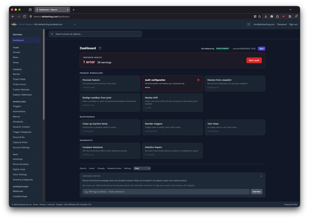 Beacon dashboard showing instance health: 1 error, 26 warnings, with primary workflow tiles for promote, audit, restore.