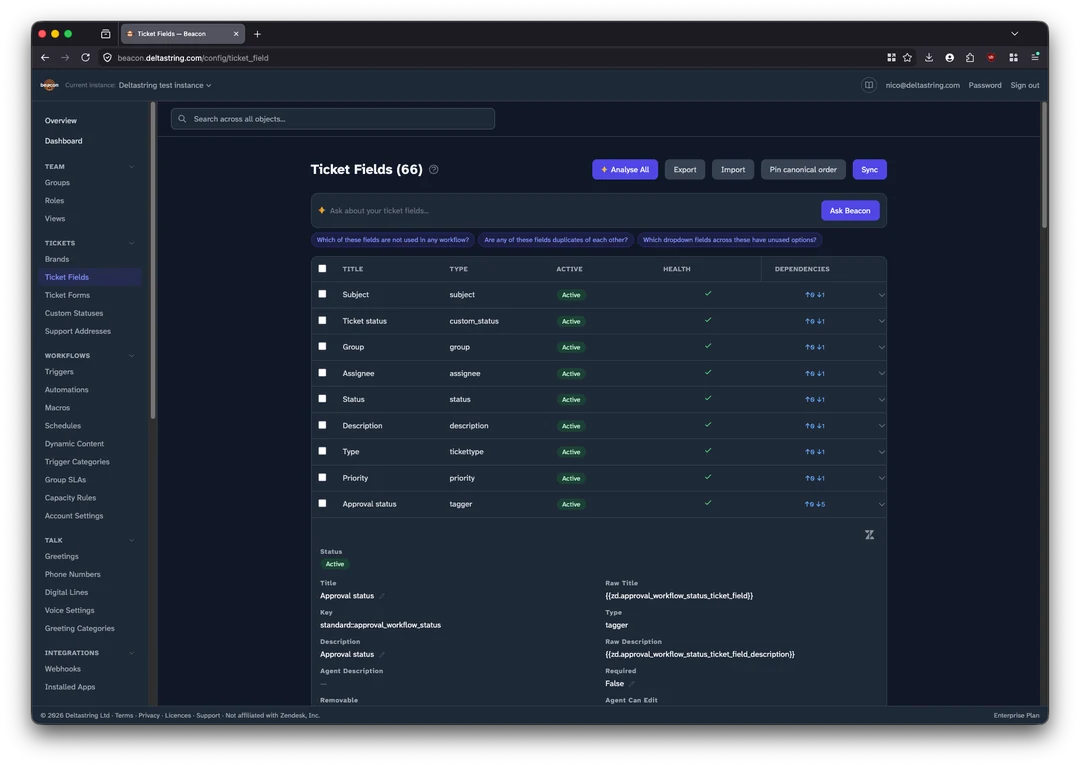 Beacon Ticket Fields list (66 fields) with the Approval status field expanded, showing its key, type and the references to rules that use it.