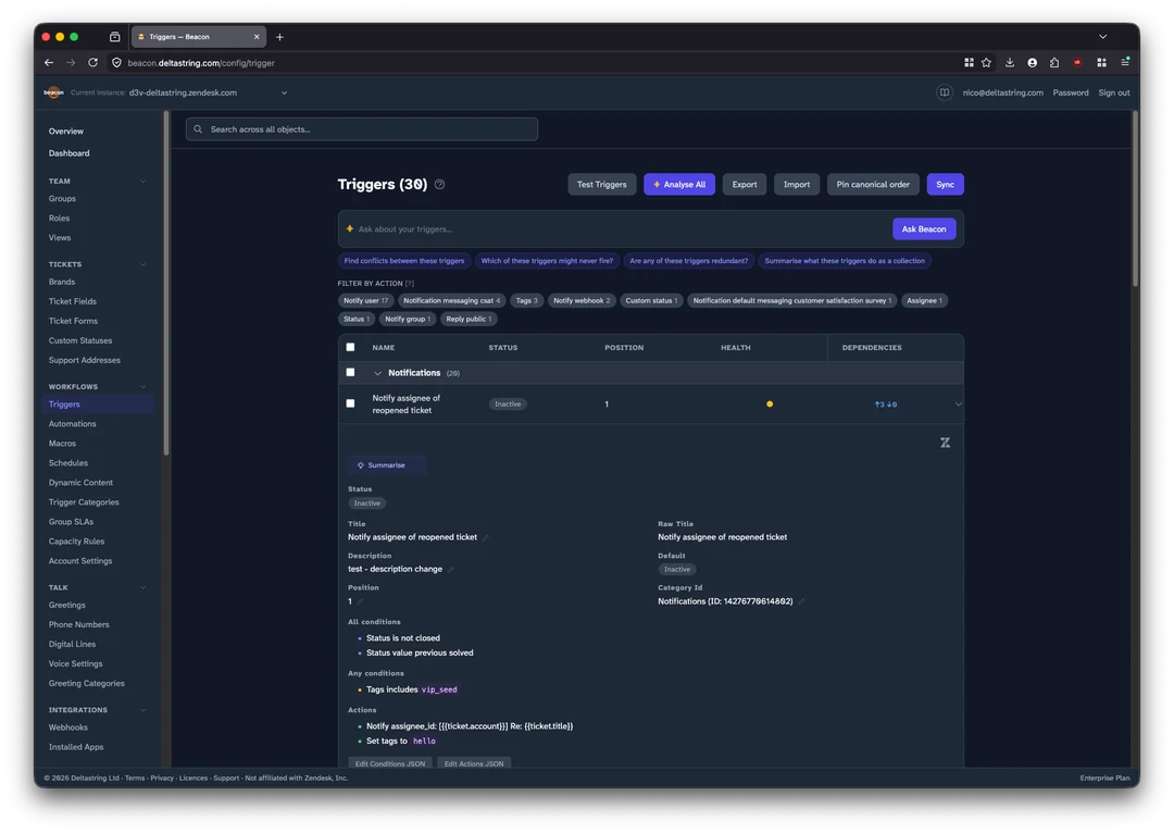 Beacon Triggers view with 36 triggers and an AI assistant offering suggested questions about collisions, dead triggers, and redundancy.