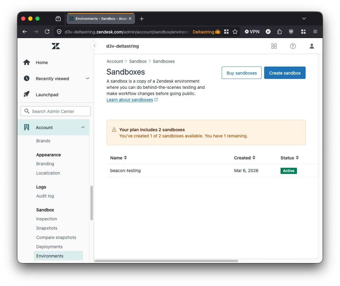 Zendesk Sandboxes admin page, buried under Account > Sandbox > Sandboxes
